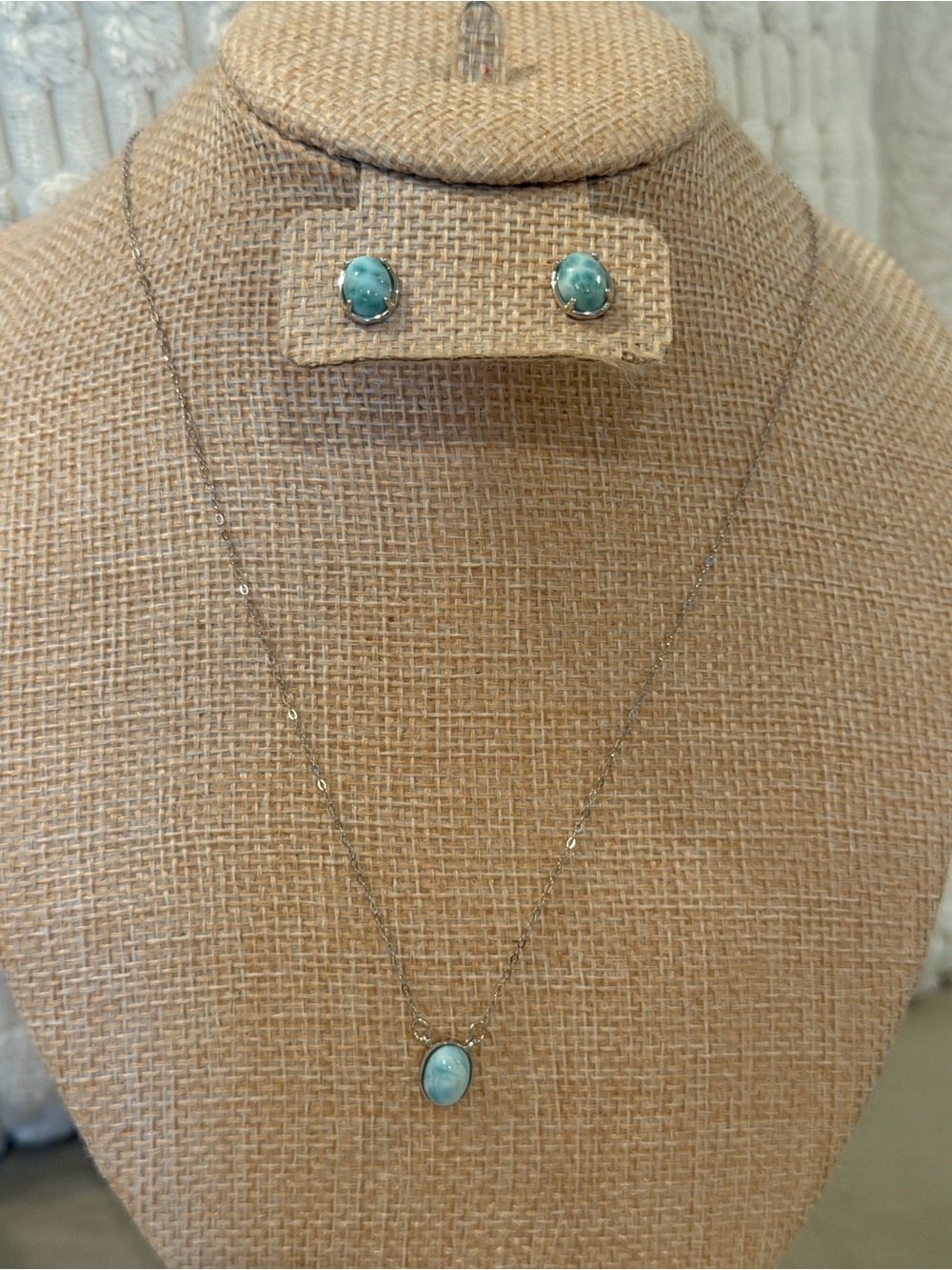 NEW SS .925 Necklace and Stud Earrings Set with Genuine Larimar Stones